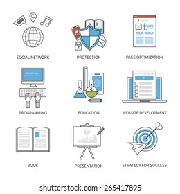Flat design modern vector illustration concept for social network, protection, page optimization, programming, education and strategy for success. Thin line icons. 