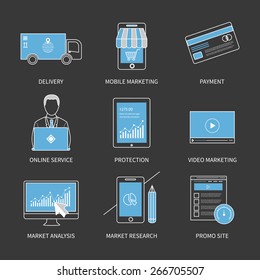 Flat Design Modern Vector Illustration Concept For Delivery, Mobile Marketing, Payment, Online Service, Video Marketing, Protection, Market Research And Market Analysis. Thin Line Icons.