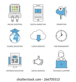 Flat design modern vector illustration concept for online shopping, digital marketing, promotion, education, cloud services, time management, social services and technical support. Thin line icons. 