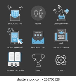 Flat design modern vector illustration concept for online shopping, mobile marketing, e-commerce, award, e-learning, distance education, pay per click and email marketing. Thin line icons. 