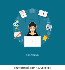 Flat design modern vector illustration concept of education, tutorials, learning with girl, globe, book and laptop - eps10