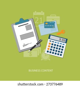 Flat design modern vector illustration concept of business, marketing, management with credit card, envelope, pen, key, paper and calculator  - eps10 