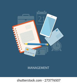 Flat design modern vector illustration concept of business, marketing, management with credit card, envelope, pencil,  paper and mobile phone  - eps10
