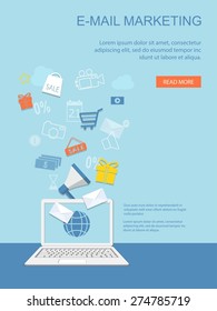 Flat design modern vector illustration concept of  business, marketing, e-mail marketing, online shopping, management with laptop and elements - eps10