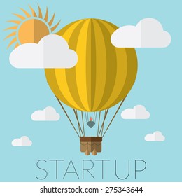 Flat design modern vector illustration of a hot air balloon concept for new business project startup, launching new innovation product, creative start on market.