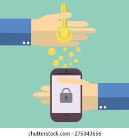 Flat design modern vector illustration of human hands making money transfer to mobile phone, on color background.