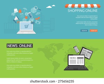 Flat design modern vector illustration concept of news, shopping online, e-mail marketing, management with laptop - eps10