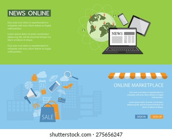 Flat design modern vector illustration concept of news, shopping online, e-mail marketing, management with laptop - eps10