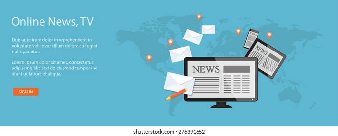 Flat design modern vector illustration concept of news,tv, radio with laptop, envelopes, tablet and mobile phone - eps10