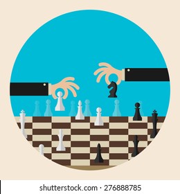 Flat design modern vector illustration concept of two business people playing chess and try to find strategic position and tactic for long-term success plan or goal.