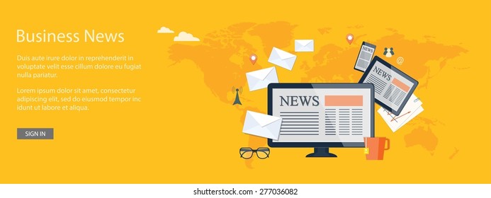 Flat design modern vector illustration concept of business news, news, tv, radio with computer, envelopes, tablet and mobile phone - eps10
