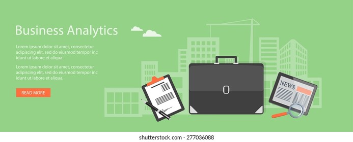 Flat design modern vector illustration concept of  business, analytics, management with briefcase, tablet, loupe and pen - eps 10