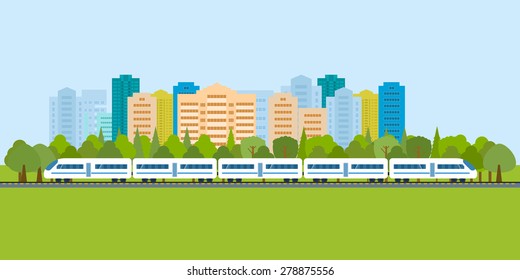 Flat design modern vector illustration icons set of urban landscape and train on railway