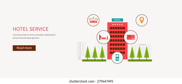 Flat design modern vector illustration icons set of urban landscape and hotel service. Building icon