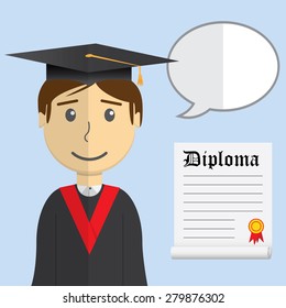 Flat design modern vector illustration of student in graduation gown with diploma and speech bubble on color background.
