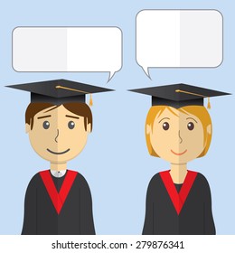 Flat design modern vector illustration of students in graduation gowns on color background.