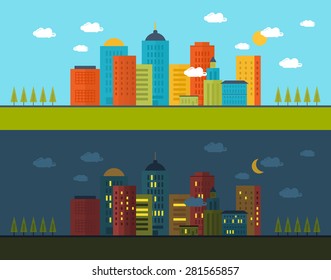 Flat design modern vector illustration icons set of urban landscape and city life in day and night. Building icon