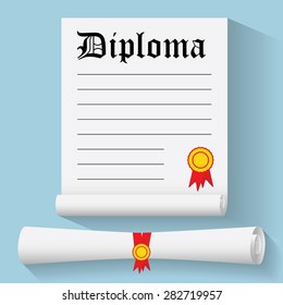Flat design modern vector illustration of Degree Scroll with Red Ribbon and Diploma, on color background.