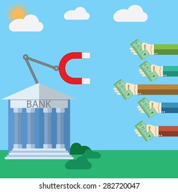 Flat design modern vector illustration concept for Bank and magnet with human hands dropping money, on color background.