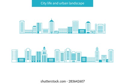 Flat design modern vector illustration icons set of urban landscape and city life. Buildings thin line icons