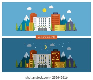 Flat design modern vector illustration icons set of urban landscape and city life in day and night. Building icon