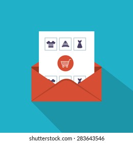 Flat design modern vector illustration icons set of email marketing, online shopping and mobile marketing. Vector illustration of subscribe and wide range products.