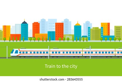 Flat design modern vector illustration icons set of urban landscape and train on railway