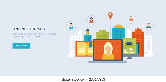 Flat design modern vector illustration icons set of online education and online training courses, specialization, university, tutorials. School and university building icon. Urban landscape. 