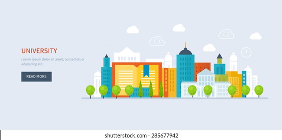 Flat Design Modern Vector Illustration Icons Set Of Global Education, Online Training Courses, Staff Training, Specialization, Tutorials. School And University Building Icon. Urban Landscape. 