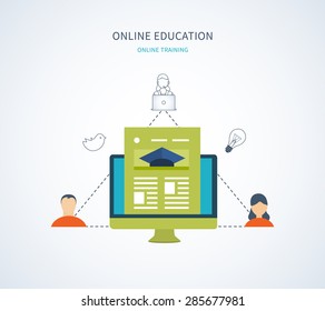Flat design modern vector illustration icons set of online education and e-learning. Online course from universities and colleges proposes video-on-demand, forum, communication.