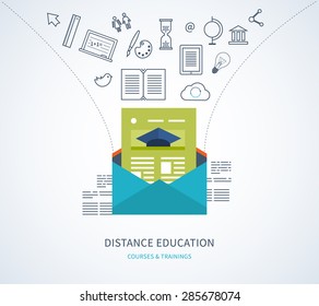 Flat design modern vector illustration icons set of distance education, e-learning, courses and training