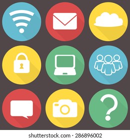 Flat design modern vector illustration icons set of internet and website objects and equipment in stylish colors. Isolated on white background. Vector illustration