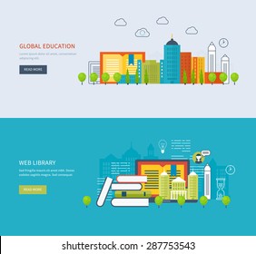 Flat design modern vector illustration icons set of global education, online training courses, web library, university, tutorials. School and university building icon. Urban landscape. 