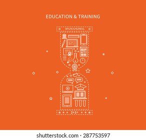 Flat design modern vector illustration icons set of distance education, e-learning, courses and training. 