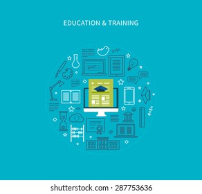 Flat design modern vector illustration icons set of distance education, e-learning, courses and training. All elements are presented as circle