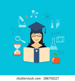 Flat design modern vector illustration set of concept of online  training, education, study with book, girl, apple - eps 10