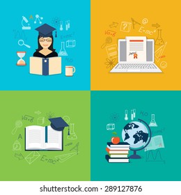 Flat design modern vector illustration set of concept of school, university, online  training, education, study with books, girl, globe, computer - eps 10