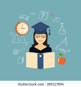 Flat design modern vector illustration concept of  school, education, study, training with girl, book, clock and apple - eps 10