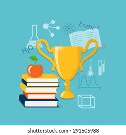Flat design modern vector illustration  concept of  school, university, online education, study, training with isometric books, winner cup - eps 10