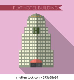 Flat design modern vector illustration of hotel building icon, with long shadow on color background.