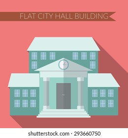 Flat Design Modern Vector Illustration Of City Hall Building Icon, With Long Shadow On Color Background.