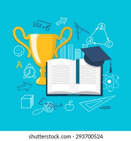 Flat design modern vector illustration  concept of  school, university, online education, study, training with book, academic cap and winner cup - eps 10