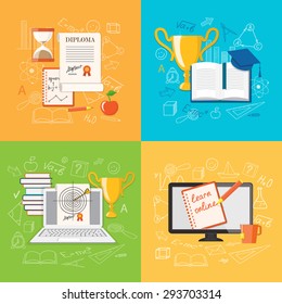 Flat design modern vector illustration set of concept of school, university, business training, online education, study with books, laptop, winner cup, academic cap, diploma - eps 10