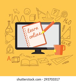 Flat design modern vector illustration  concept of  school, university, online education,  study, training, webinar with computer, cup and copybook - eps 10