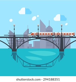 Flat design modern vector illustration set of urban landscape and train on railway
