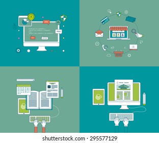 Flat design modern vector illustration icons set of online education and e-learning. Mobile marketing and online store concept flat icons. Pay per click.  Icons for programming, workflow.  