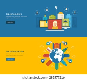 Flat design modern vector illustration icons set of online education and online training courses, specialization, university, tutorials. School and university building icon. Urban landscape. 