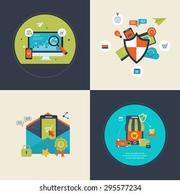 Flat design modern vector illustration icons set of analytics search information, SEO and mobile marketing, social network security, data protection, mobile marketing and online shopping. 