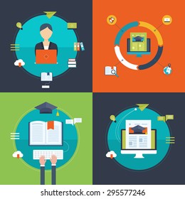 Flat design modern vector illustration icons set of strategy for successful business, online education and e-learning. Online course from universities and colleges proposes video-on-demand, forum.