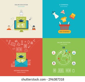 Flat design modern vector illustration icons set of education, e-learning and training, e-commerce and online shopping. 